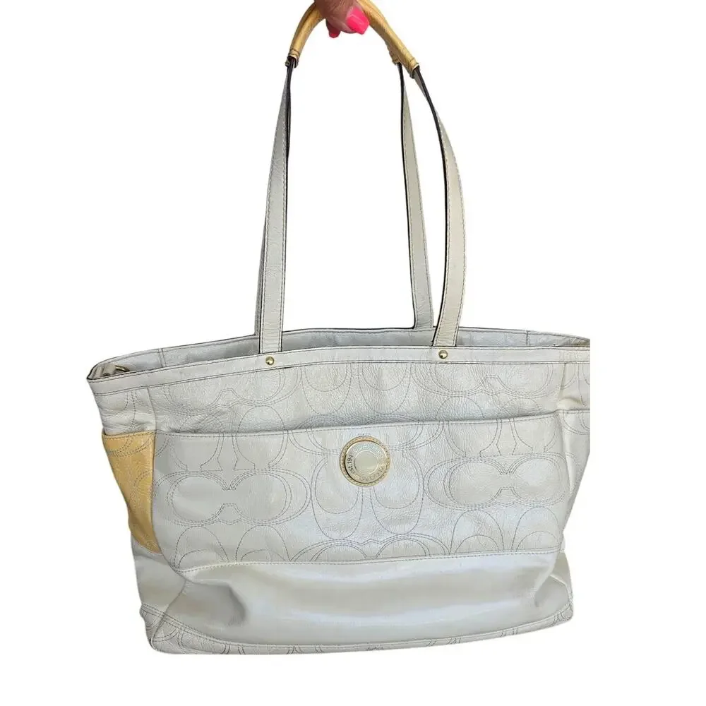 CoachPatent Leather/ cream/ yellow n blue purse/ diaper bag/ project bag